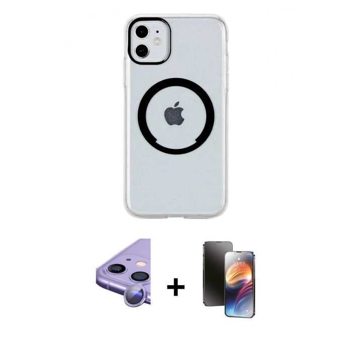 MARSİLYAN™- iPhone 11 Kılıf Pusula Form - Siyah 3D Antistatik Mat Seramik Nano Ekran Koruyucu + Raze Metal Kamera Lens - MR