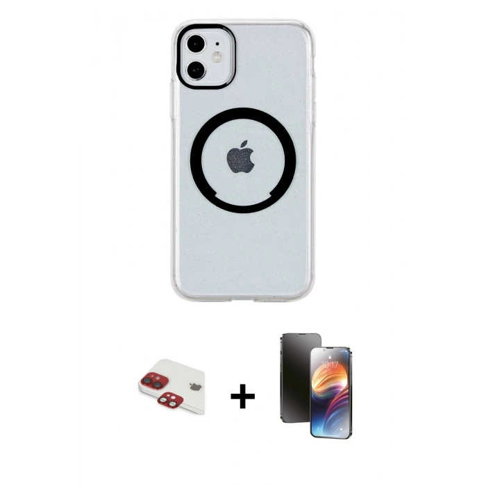 MARSİLYAN™- iPhone 11 Kılıf Pusula Form - Siyah 3D Antistatik Mat Seramik Nano Ekran Koruyucu + Pers Alüminyum Kamera Lens - KI