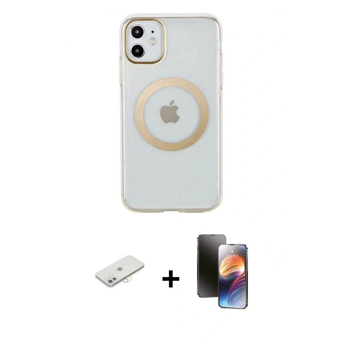 MARSİLYAN™- iPhone 11 Kılıf Pusula Form - Siyah 3D Antistatik Mat Seramik Nano Ekran Koruyucu + Sarı Renkli Kamera Lens Koruma Cam