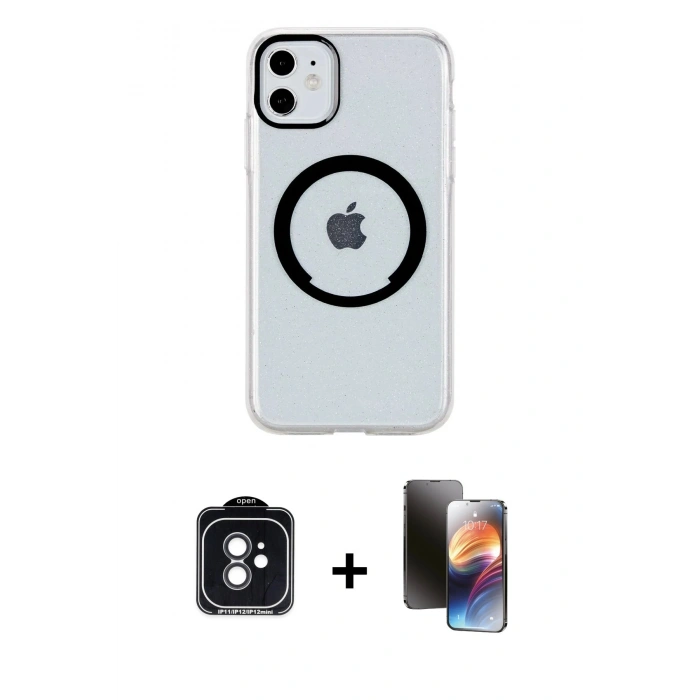 MARSİLYAN™- iPhone 11 Kılıf Pusula Form - Siyah 3D Antistatik Mat Seramik Nano Ekran Koruyucu + Siyah PVD Metal Kamera Lens