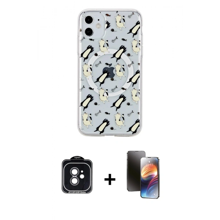 MARSİLYAN™- iPhone 11 Kılıf Pusula Form - Siyah 3D Antistatik Mat Seramik Nano Ekran Koruyucu + Siyah PVD Metal Kamera Lens