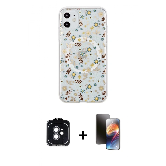 MARSİLYAN™- iPhone 11 Kılıf Pusula Form - Siyah 3D Antistatik Mat Seramik Nano Ekran Koruyucu + Siyah PVD Metal Kamera Lens