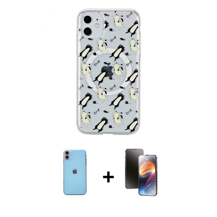 MARSİLYAN™- iPhone 11 Kılıf Pusula Form - Siyah 3D Antistatik Mat Seramik Nano Ekran Koruyucu + Neon Fosforlu Kamera Lens - TU