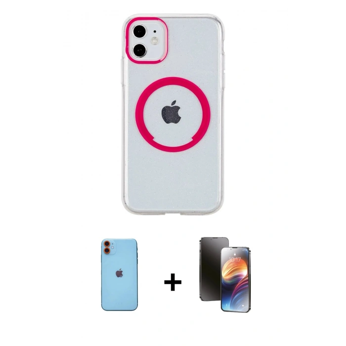 MARSİLYAN™- iPhone 11 Kılıf Pusula Form - Siyah 3D Antistatik Mat Seramik Nano Ekran Koruyucu + Neon Fosforlu Kamera Lens - TU