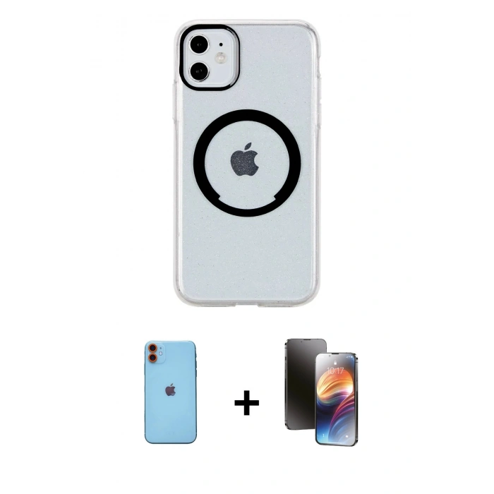 MARSİLYAN™- iPhone 11 Kılıf Pusula Form - Siyah 3D Antistatik Mat Seramik Nano Ekran Koruyucu + Neon Fosforlu Kamera Lens - TU