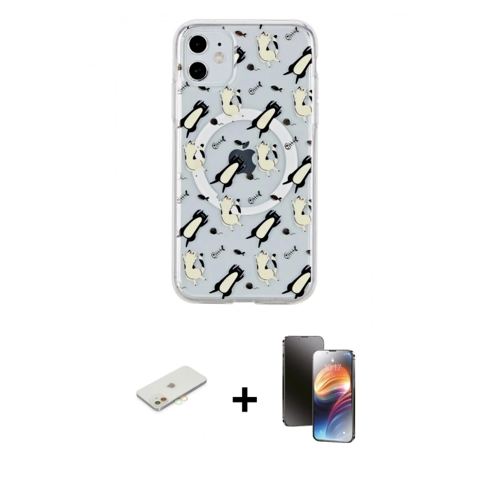 MARSİLYAN™- iPhone 11 Kılıf Pusula Form - Siyah 3D Antistatik Mat Seramik Nano Ekran Koruyucu + Turuncu Renkli Kamera Lens Koruma Cam