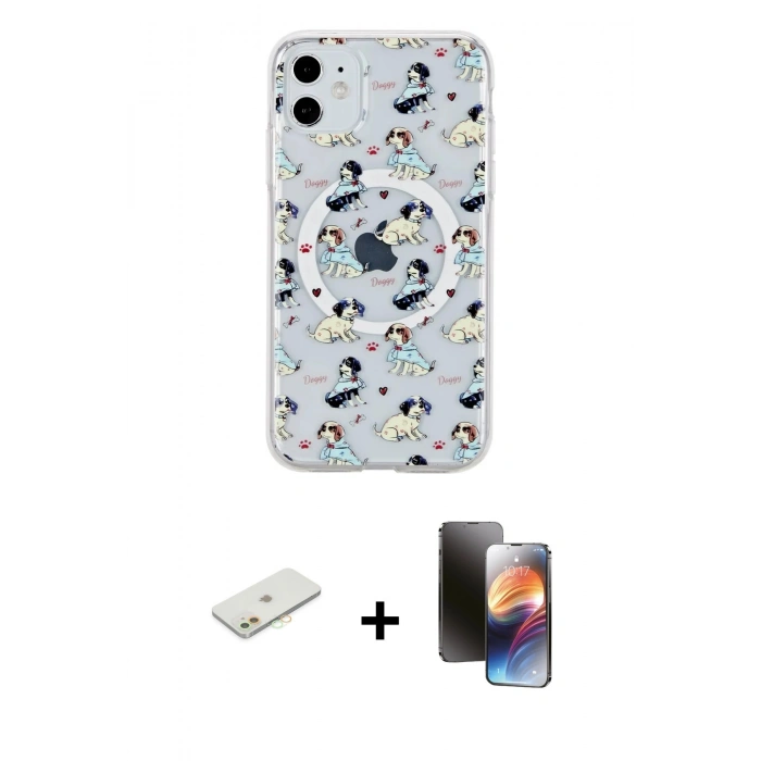 MARSİLYAN™- iPhone 11 Kılıf Pusula Form - Siyah 3D Antistatik Mat Seramik Nano Ekran Koruyucu + Turuncu Renkli Kamera Lens Koruma Cam