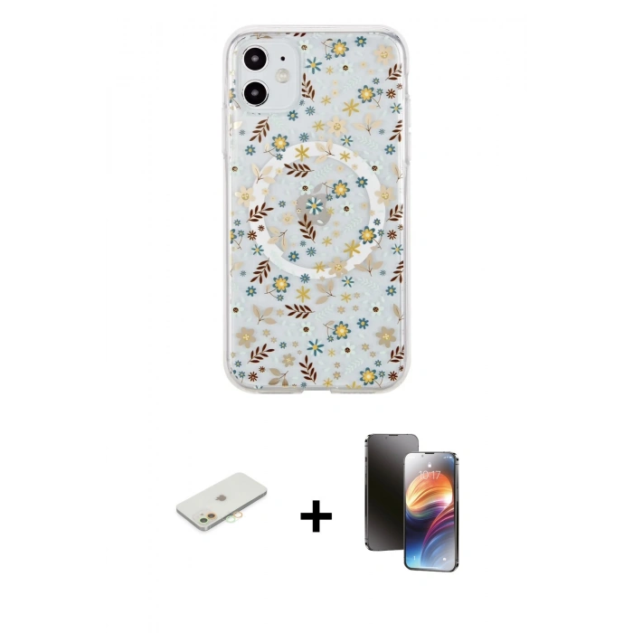 MARSİLYAN™- iPhone 11 Kılıf Pusula Form - Siyah 3D Antistatik Mat Seramik Nano Ekran Koruyucu + Turuncu Renkli Kamera Lens Koruma Cam