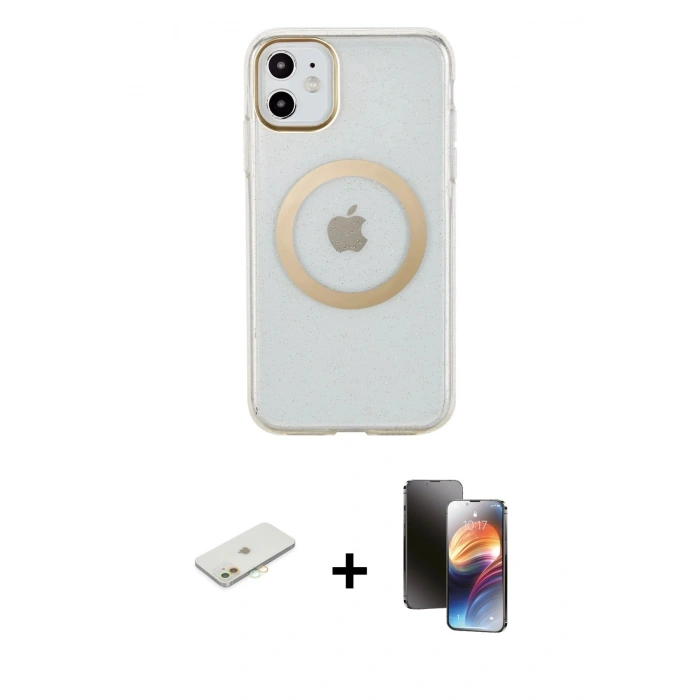MARSİLYAN™- iPhone 11 Kılıf Pusula Form - Siyah 3D Antistatik Mat Seramik Nano Ekran Koruyucu + Turuncu Renkli Kamera Lens Koruma Cam