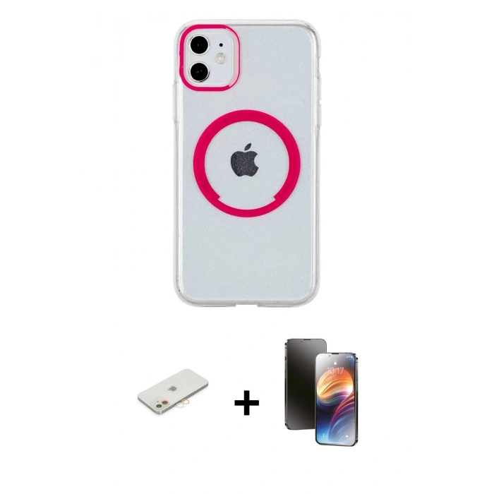 MARSİLYAN™- iPhone 11 Kılıf Pusula Form - Siyah 3D Antistatik Mat Seramik Nano Ekran Koruyucu + Turuncu Renkli Kamera Lens Koruma Cam