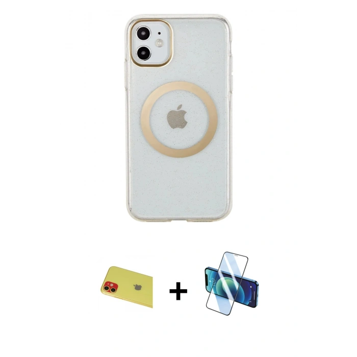 MARSİLYAN™- iPhone 11 Kılıf Pusula Form - Siyah 3D Antistatik Seramik Nano Ekran Koruyucu + Rainbow Kamera Lens Koruma Cam - KI