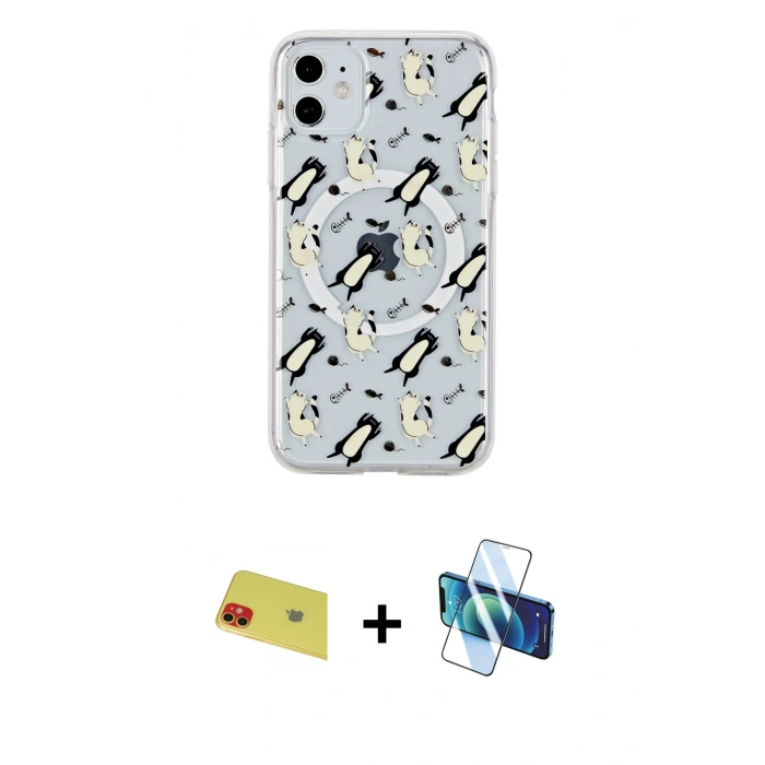 MARSİLYAN™- iPhone 11 Kılıf Pusula Form - Siyah 3D Antistatik Seramik Nano Ekran Koruyucu + Rainbow Kamera Lens Koruma Cam - KI