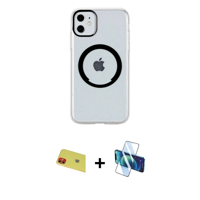 MARSİLYAN™- iPhone 11 Kılıf Pusula Form - Siyah 3D Antistatik Seramik Nano Ekran Koruyucu + Rainbow Kamera Lens Koruma Cam - KI