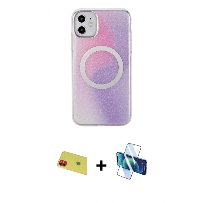 MARSİLYAN™- iPhone 11 Kılıf Pusula Form - Siyah 3D Antistatik Seramik Nano Ekran Koruyucu + Rainbow Kamera Lens Koruma Cam - KI