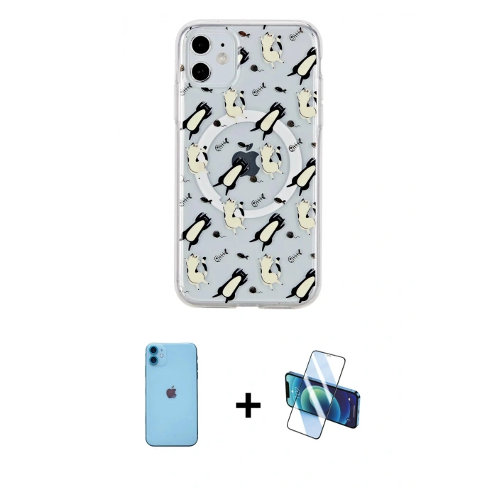 MARSİLYAN™- iPhone 11 Kılıf Pusula Form - Siyah 3D Antistatik Seramik Nano Ekran Koruyucu + Neon Fosforlu Kamera Lens - MI