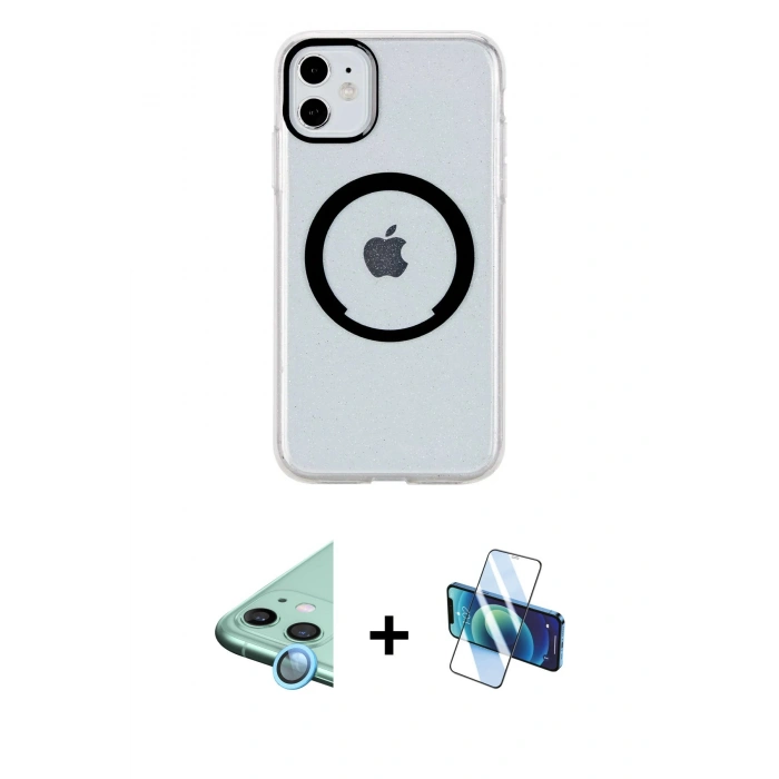 MARSİLYAN™- iPhone 11 Kılıf Pusula Form - Siyah 3D Antistatik Seramik Nano Ekran Koruyucu + Raze Metal Kamera Lens - MI