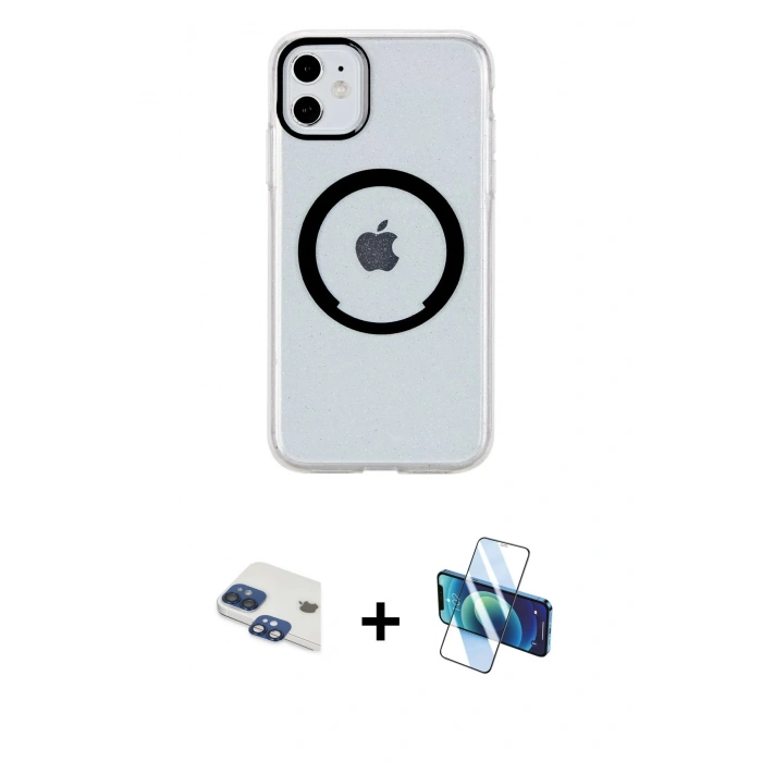 MARSİLYAN™- iPhone 11 Kılıf Pusula Form - Siyah 3D Antistatik Seramik Nano Ekran Koruyucu + Pers Alüminyum Kamera Lens - LT