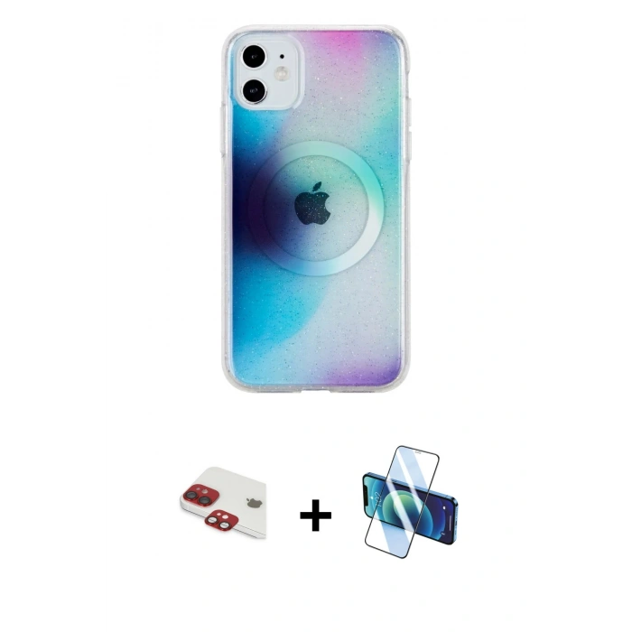 MARSİLYAN™- iPhone 11 Kılıf Pusula Form - Siyah 3D Antistatik Seramik Nano Ekran Koruyucu + Pers Alüminyum Kamera Lens - KI