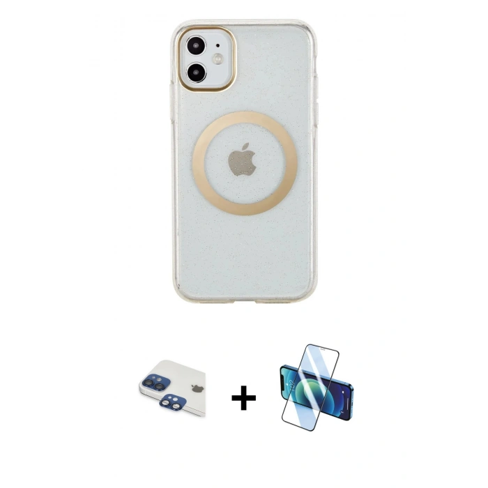 MARSİLYAN™- iPhone 11 Kılıf Pusula Form - Siyah 3D Antistatik Seramik Nano Ekran Koruyucu + Pers Alüminyum Kamera Lens - LT