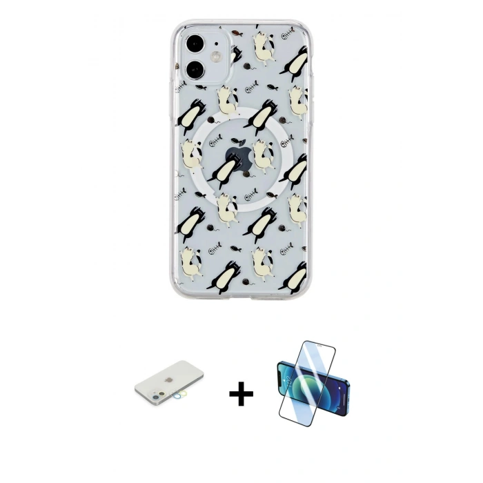 MARSİLYAN™- iPhone 11 Kılıf Pusula Form - Siyah 3D Antistatik Seramik Nano Ekran Koruyucu + Renkli Kamera Lens Koruma Cam - SI