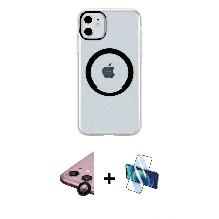 MARSİLYAN™- iPhone 11 Kılıf Pusula Form - Siyah 3D Antistatik Seramik Nano Ekran Koruyucu + Raze Metal Kamera Lens - SH