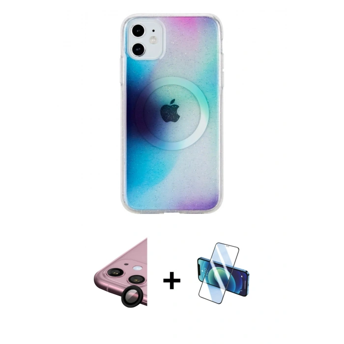 MARSİLYAN™- iPhone 11 Kılıf Pusula Form - Siyah 3D Antistatik Seramik Nano Ekran Koruyucu + Raze Metal Kamera Lens - SH