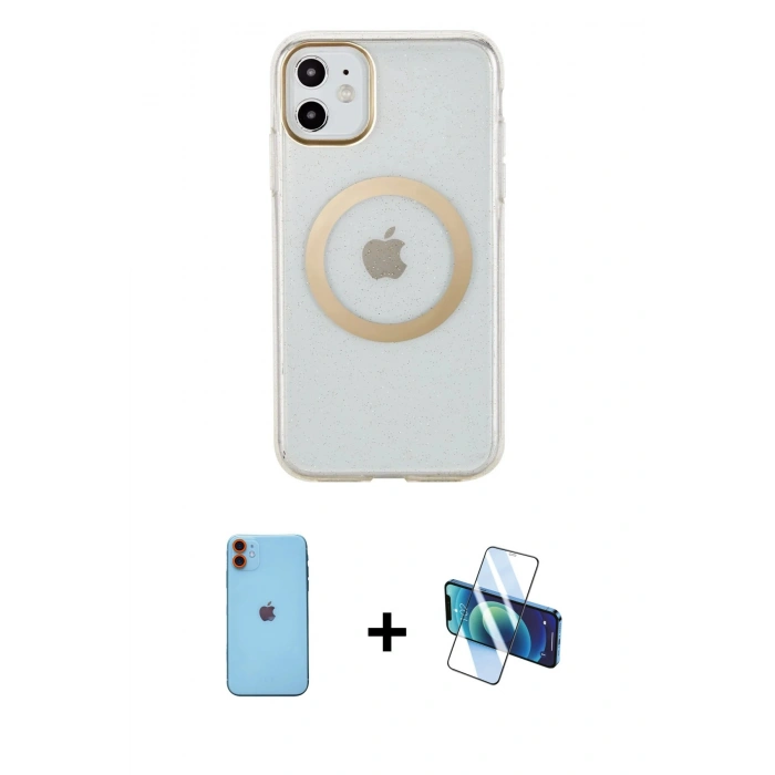 MARSİLYAN™- iPhone 11 Kılıf Pusula Form - Siyah 3D Antistatik Seramik Nano Ekran Koruyucu + Neon Fosforlu Kamera Lens - TU