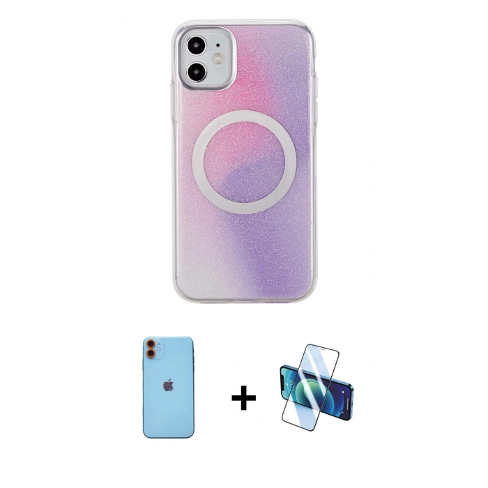 MARSİLYAN™- iPhone 11 Kılıf Pusula Form - Siyah 3D Antistatik Seramik Nano Ekran Koruyucu + Neon Fosforlu Kamera Lens - TU