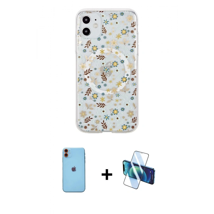 MARSİLYAN™- iPhone 11 Kılıf Pusula Form - Siyah 3D Antistatik Seramik Nano Ekran Koruyucu + Neon Fosforlu Kamera Lens - TU
