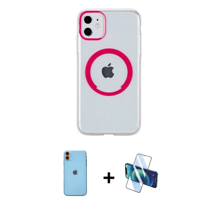 MARSİLYAN™- iPhone 11 Kılıf Pusula Form - Siyah 3D Antistatik Seramik Nano Ekran Koruyucu + Neon Fosforlu Kamera Lens - TU