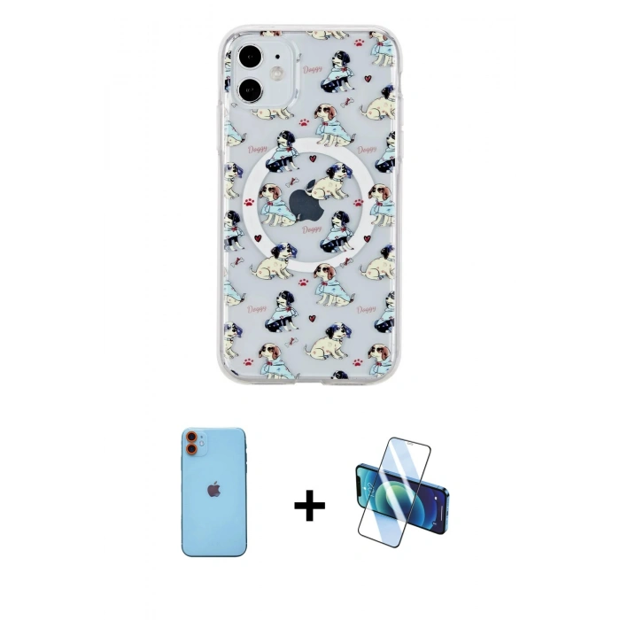 MARSİLYAN™- iPhone 11 Kılıf Pusula Form - Siyah 3D Antistatik Seramik Nano Ekran Koruyucu + Neon Fosforlu Kamera Lens - TU