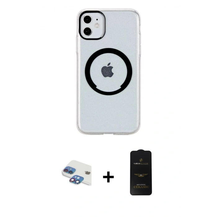 MARSİLYAN™- iPhone 11 Kılıf Pusula Form - Siyah 6D Antistatik Mat Seramik Hayalet Nano Ekran Koruyucu + Pers Alüminyum Kamera Lens - GI