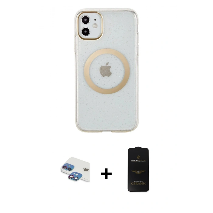 MARSİLYAN™- iPhone 11 Kılıf Pusula Form - Siyah 6D Antistatik Mat Seramik Hayalet Nano Ekran Koruyucu + Pers Alüminyum Kamera Lens - GI