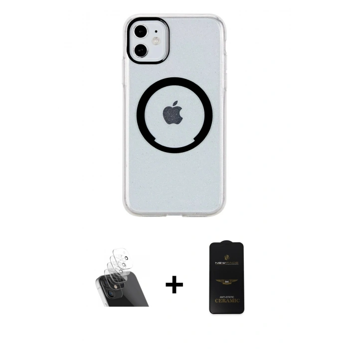 MARSİLYAN™- iPhone 11 Kılıf Pusula Form - Siyah 6D Antistatik Mat Seramik Hayalet Nano Ekran Koruyucu + Kamera Lens Koruma Cam - SF