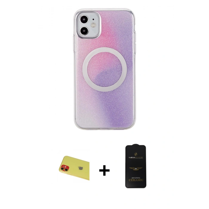 MARSİLYAN™- iPhone 11 Kılıf Pusula Form - Siyah 6D Antistatik Mat Seramik Hayalet Nano Ekran Koruyucu + Rainbow Kamera Lens Koruma Cam - KI