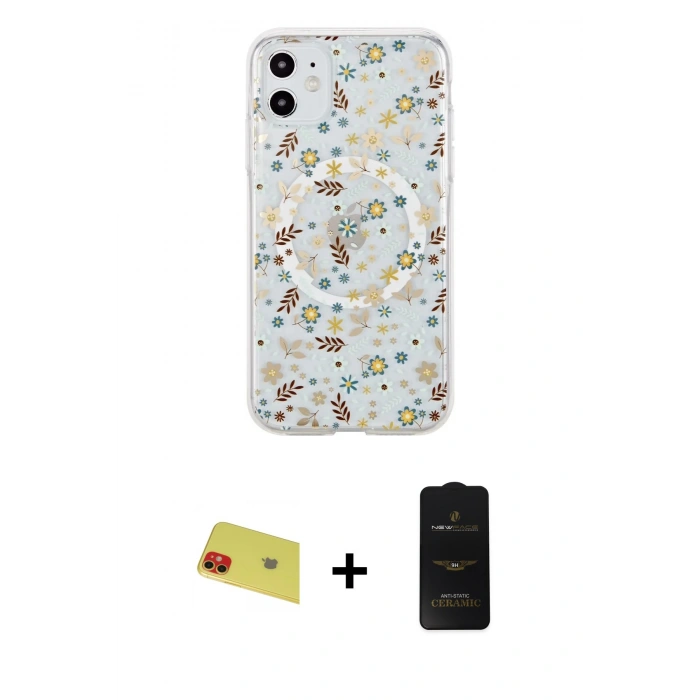 MARSİLYAN™- iPhone 11 Kılıf Pusula Form - Siyah 6D Antistatik Mat Seramik Hayalet Nano Ekran Koruyucu + Rainbow Kamera Lens Koruma Cam - KI