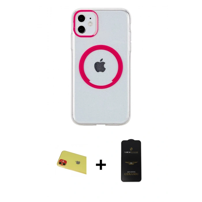 MARSİLYAN™- iPhone 11 Kılıf Pusula Form - Siyah 6D Antistatik Mat Seramik Hayalet Nano Ekran Koruyucu + Rainbow Kamera Lens Koruma Cam - KI