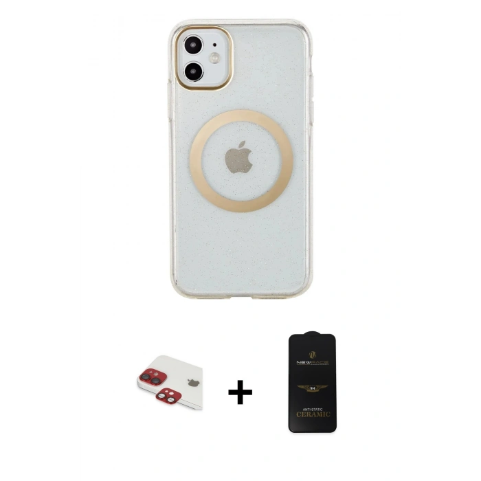 MARSİLYAN™- iPhone 11 Kılıf Pusula Form - Siyah 6D Antistatik Mat Seramik Hayalet Nano Ekran Koruyucu + Pers Alüminyum Kamera Lens - KI