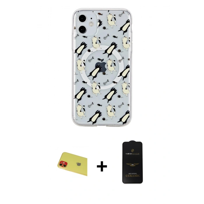 MARSİLYAN™- iPhone 11 Kılıf Pusula Form - Siyah 6D Antistatik Mat Seramik Hayalet Nano Ekran Koruyucu + Rainbow Kamera Lens Koruma Cam - KI