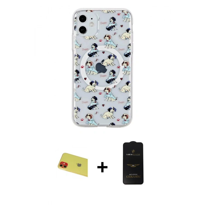 MARSİLYAN™- iPhone 11 Kılıf Pusula Form - Siyah 6D Antistatik Mat Seramik Hayalet Nano Ekran Koruyucu + Rainbow Kamera Lens Koruma Cam - KI