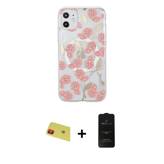 MARSİLYAN™- iPhone 11 Kılıf Pusula Form - Siyah 6D Antistatik Mat Seramik Hayalet Nano Ekran Koruyucu + Rainbow Kamera Lens Koruma Cam - KI