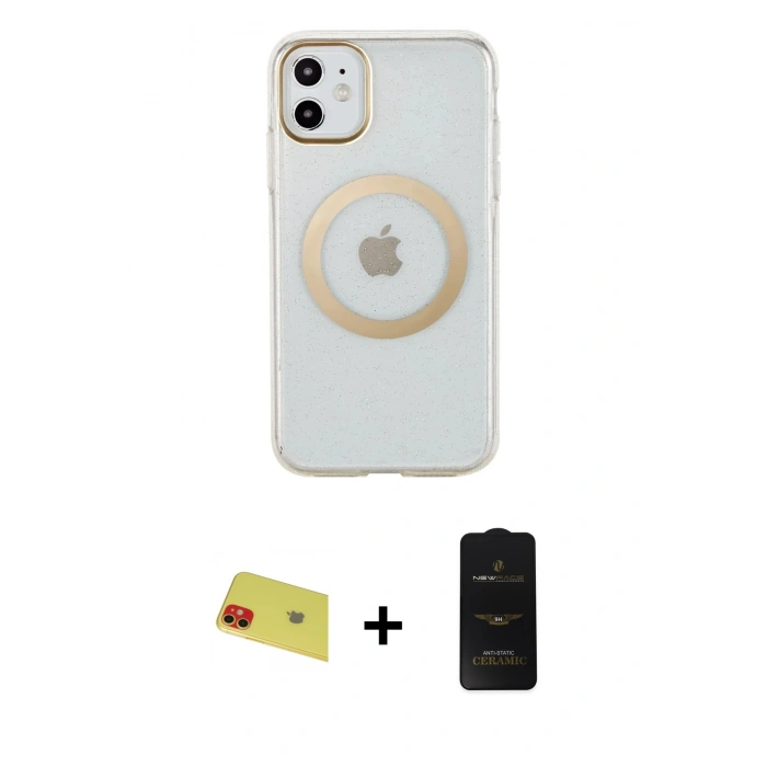 MARSİLYAN™- iPhone 11 Kılıf Pusula Form - Siyah 6D Antistatik Mat Seramik Hayalet Nano Ekran Koruyucu + Rainbow Kamera Lens Koruma Cam - KI