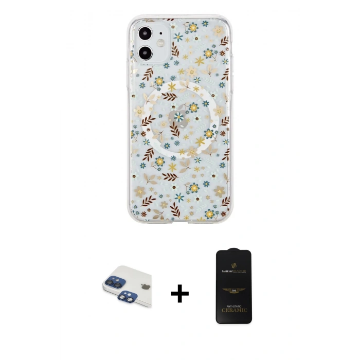 MARSİLYAN™- iPhone 11 Kılıf Pusula Form - Siyah 6D Antistatik Mat Seramik Hayalet Nano Ekran Koruyucu + Lacivert Pers Alüminyum Kamera Lens