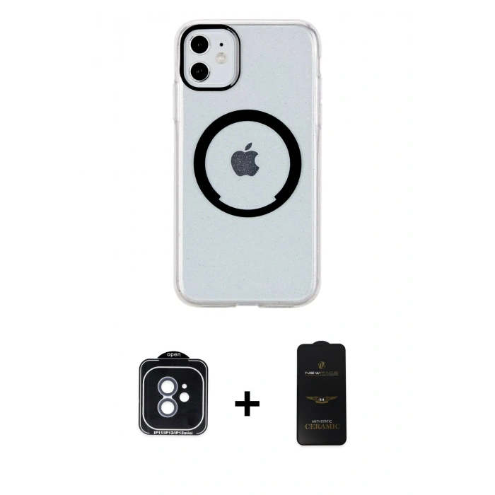 MARSİLYAN™- iPhone 11 Kılıf Pusula Form - Siyah 6D Antistatik Mat Seramik Hayalet Nano Ekran Koruyucu + PVD Metal Kamera Lens - MI
