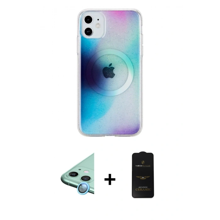 MARSİLYAN™- iPhone 11 Kılıf Pusula Form - Siyah 6D Antistatik Mat Seramik Hayalet Nano Ekran Koruyucu + Raze Metal Kamera Lens - MI