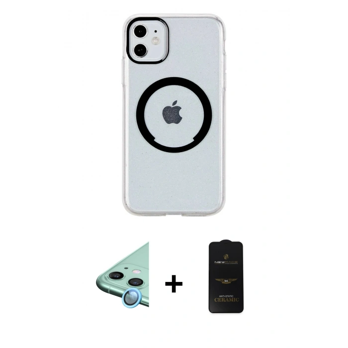 MARSİLYAN™- iPhone 11 Kılıf Pusula Form - Siyah 6D Antistatik Mat Seramik Hayalet Nano Ekran Koruyucu + Raze Metal Kamera Lens - MI