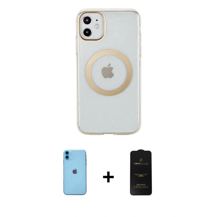 MARSİLYAN™- iPhone 11 Kılıf Pusula Form - Siyah 6D Antistatik Mat Seramik Hayalet Nano Ekran Koruyucu + Neon Fosforlu Kamera Lens - MI