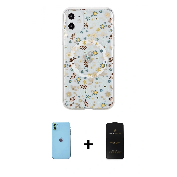 MARSİLYAN™- iPhone 11 Kılıf Pusula Form - Siyah 6D Antistatik Mat Seramik Hayalet Nano Ekran Koruyucu + Neon Fosforlu Kamera Lens - YL