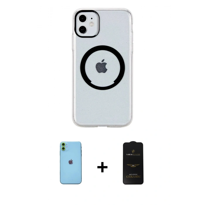 MARSİLYAN™- iPhone 11 Kılıf Pusula Form - Siyah 6D Antistatik Mat Seramik Hayalet Nano Ekran Koruyucu + Neon Fosforlu Kamera Lens - YL