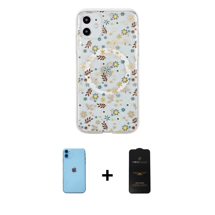 MARSİLYAN™- iPhone 11 Kılıf Pusula Form - Siyah 6D Antistatik Mat Seramik Hayalet Nano Ekran Koruyucu + Neon Fosforlu Kamera Lens - MI